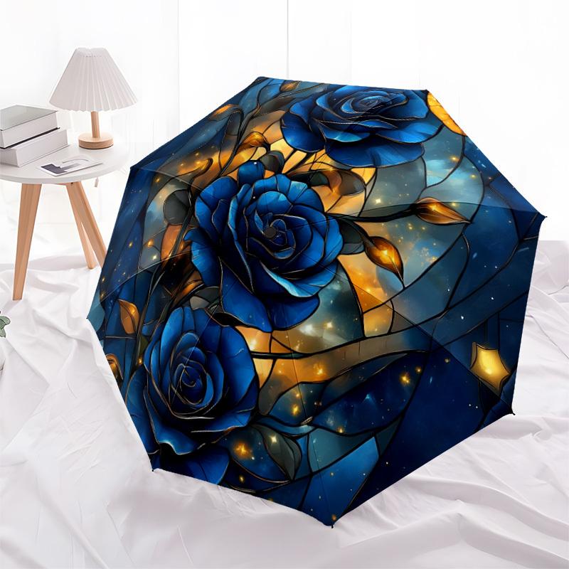 1pc Stained Glass Roses Automatic Open/Close Umbrella Compact Folding Umbrella, All-Season Portable Umbrella for Women/Men F1124089