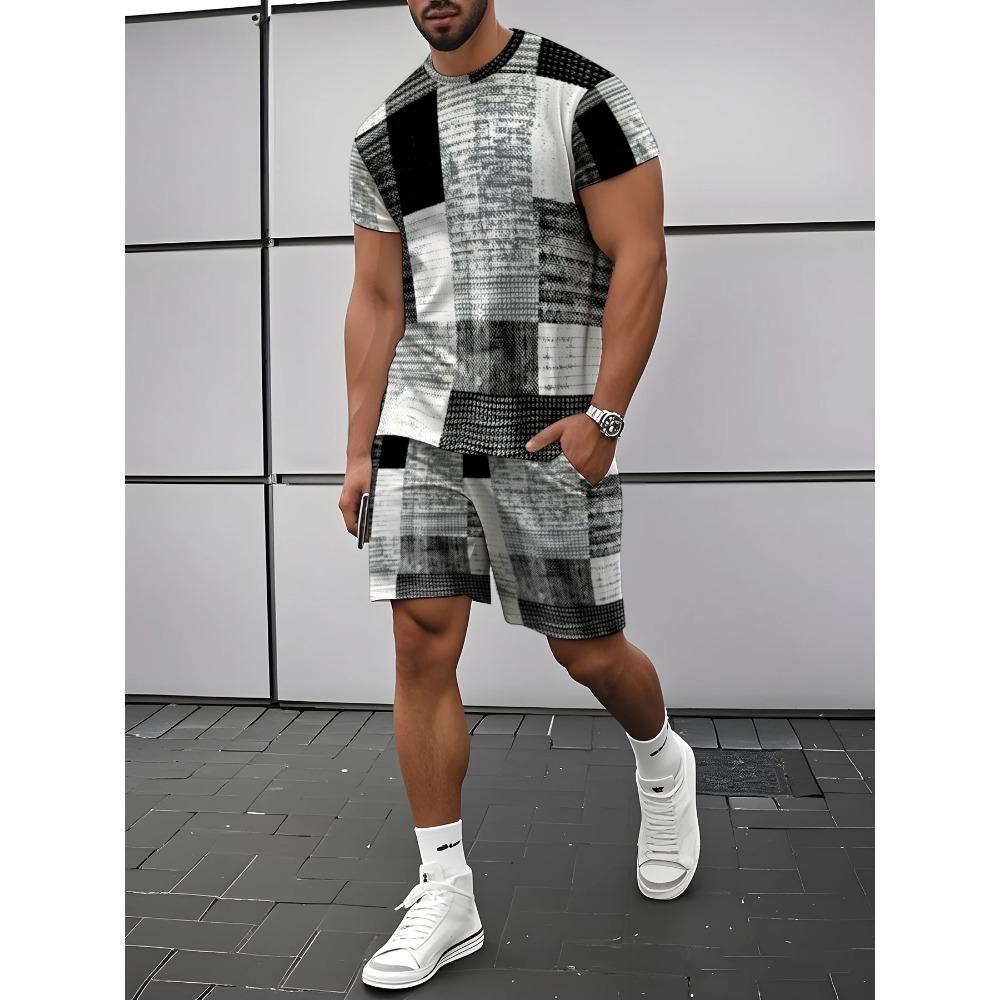 Men's Outdoor Leisure Sports 3D Printed Round Neck Short Sleeved T-shirt and Shorts Set Trendy and Fashionable Men's T-shirt