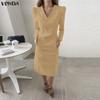 VONDA Elegant Women Casual V Neck Long Sleeve Midi Long Office Dress