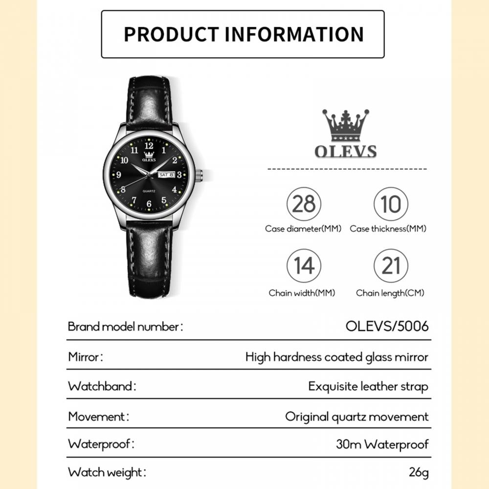 OLEVS Women's Watch, Black, Women's Business Watch, Stylish, Waterproof, Luminous, Analog, Quartz, Popular Watch, Fashion, Watch for Women, Pressure R