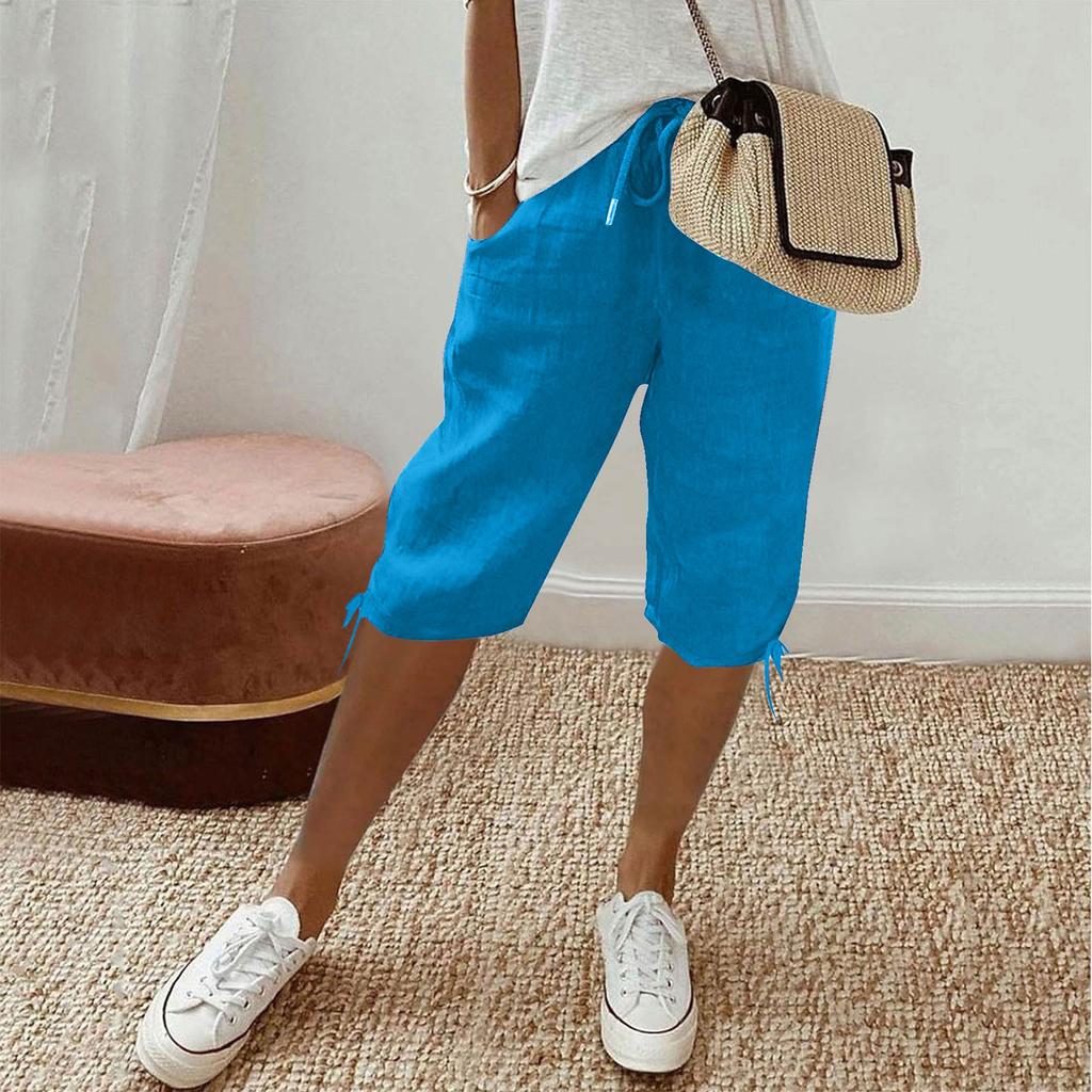 Women's Casual Pockets Elastic Drawstring Casual Pants Leg Drawstring Five Pants Pant