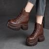 Genuine Leather Thick Sole Women Boots Retro Round Toe Side Zipper Wedges Platform Shoes