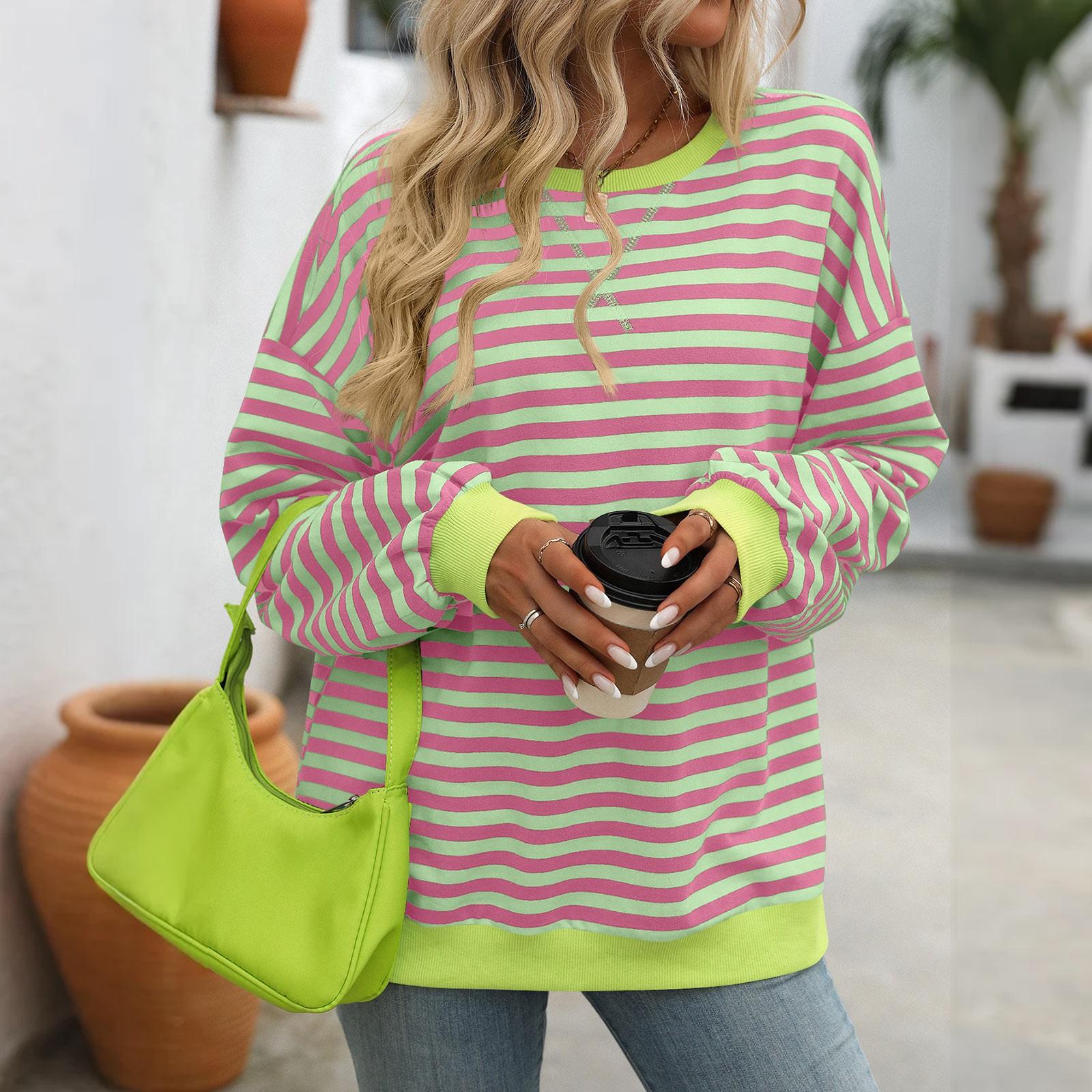 

Women s Colorful Striped Round Neck Loose Sweatshirt M
