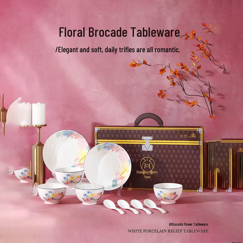 Shangling Dingyuan Chinese Style Floral Ceramic Dinnerware Gift Set