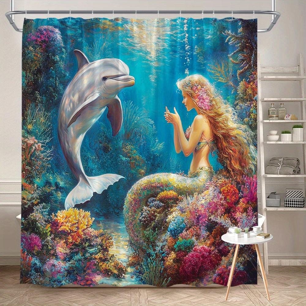 Mermaid & Dolphin Shower Curtain - Vibrant Coral Reef, Ethereal Ocean Scene, Graceful Mermaid & Playful Dolphin, W90xH180cm