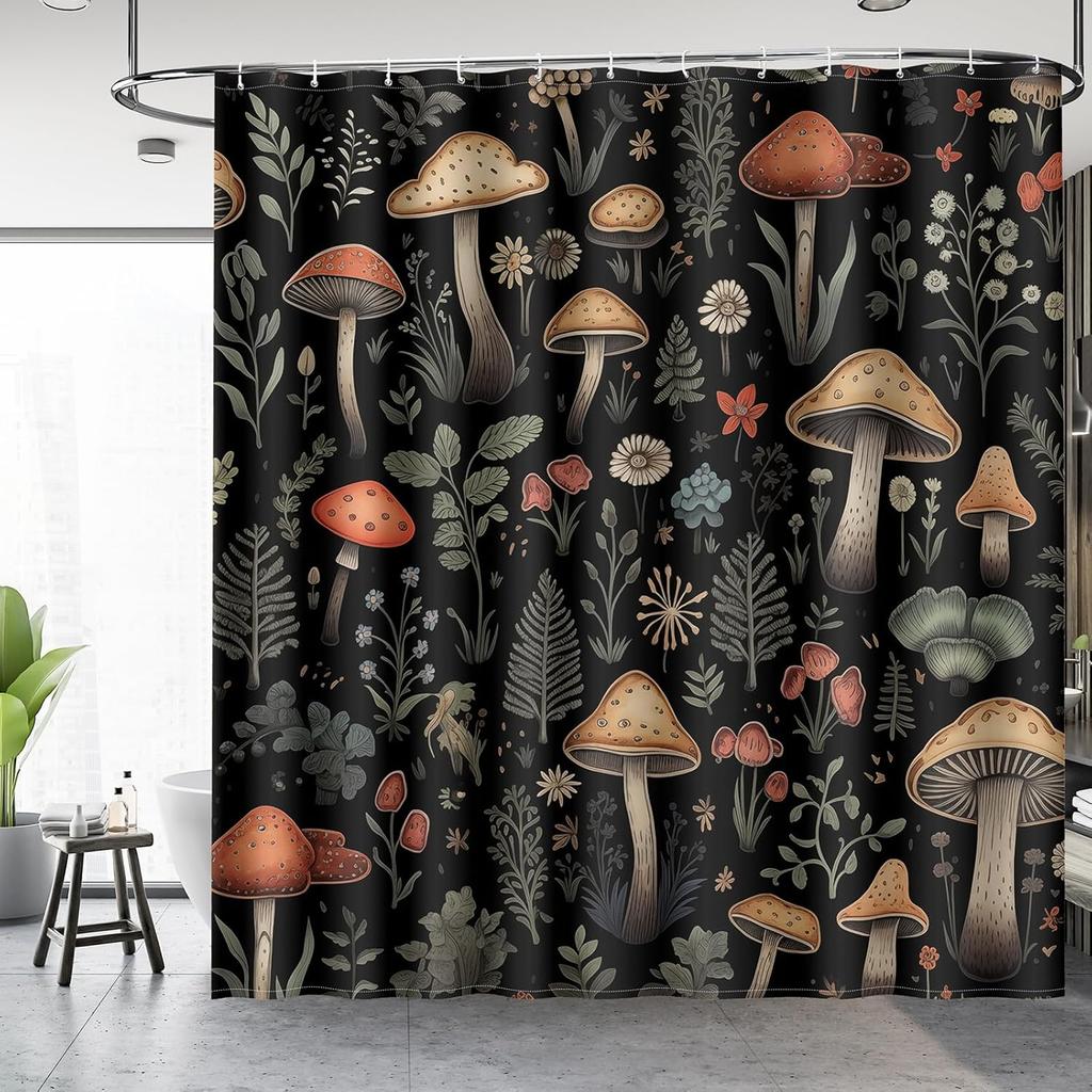 Aimego Mushroom Boho Shower Curtains - Vintage Floral Plants Retro Flowers Bohemian Fairy Nature Botanical Bath Shower Curtain