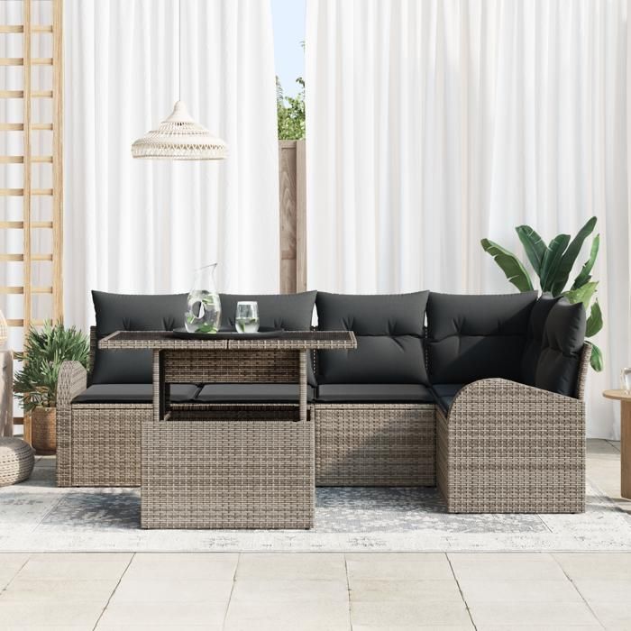 Ensemble de canapé de jardin de 6 pièces avec coussins en rotin poly gris, Canapé de jardin 2 places avec rangement et 3357382