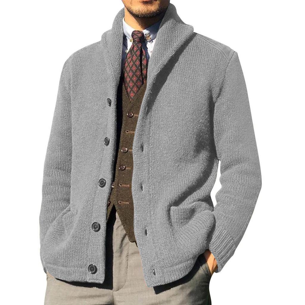 Men's Lapel Solid Color Knit Cardigan Sweater - Casual Autumn/Winter Outerwear