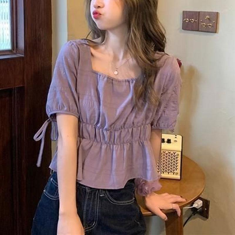 Fashionable Puff Sleeve Drawstring Blouse Korean Solid Summer New Square Collar Sweet Elegant Short Shirts