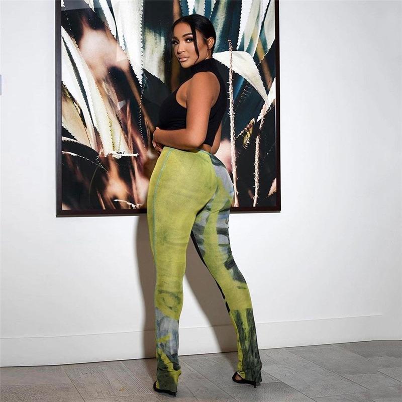 Letní dámské sexy průsvitné síťované potisky prodyšné bokovky úzké ležérní kalhoty s vysokým pasem