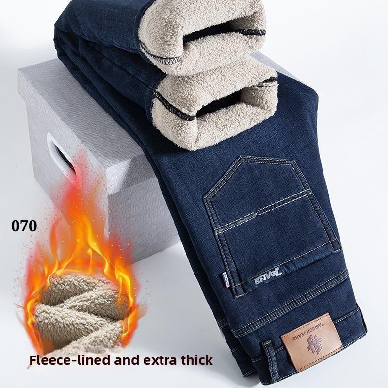 Winter Lamm Fluff Denim Gerade Hosen Männer Verdicken Große Größe 40 Jeans Hohe Taille Stretch Jeansy Fleece Gefüttert Warm