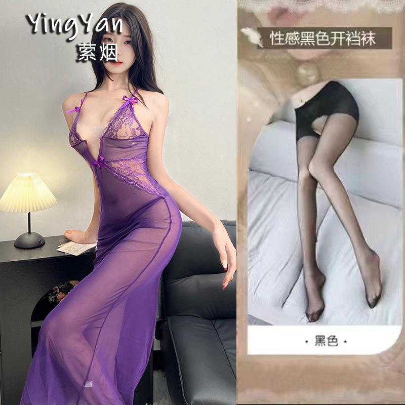 Smoke sexy underwear charm lace perspective mesh deep V-neck pajamas temperament bow suspenders nightgown uniform