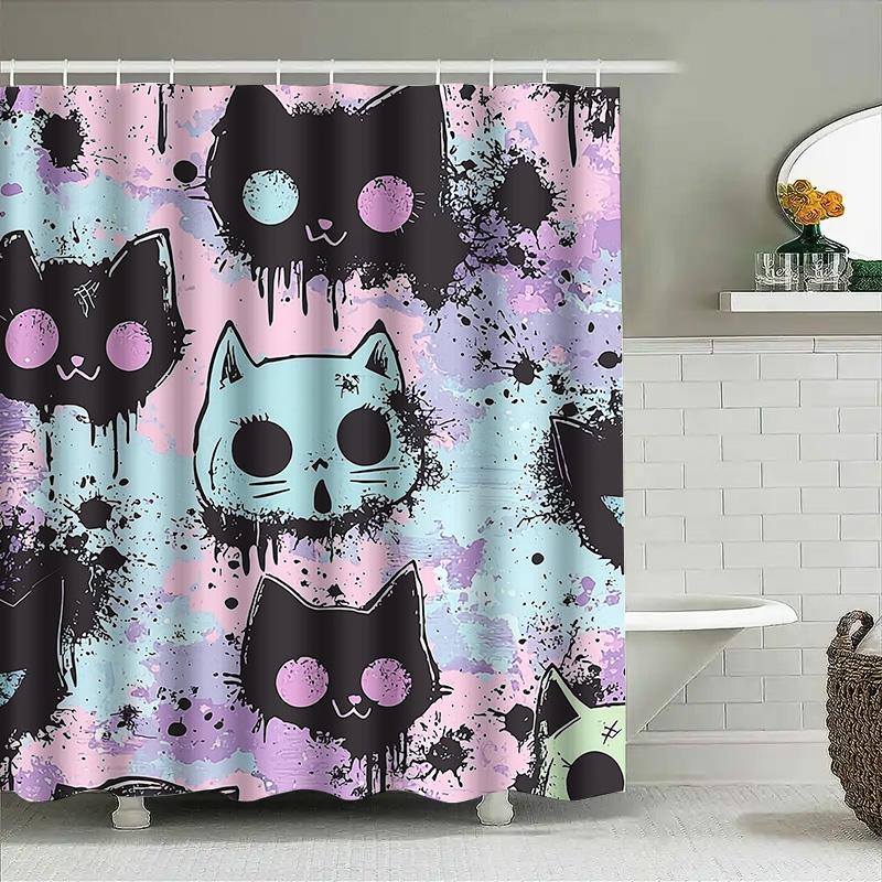 Modern Cat Print Shower Curtain Set: Cute Cartoon Pet Pattern Bath Decoration Black Pink Blue Green Home Decor Waterproof Shower