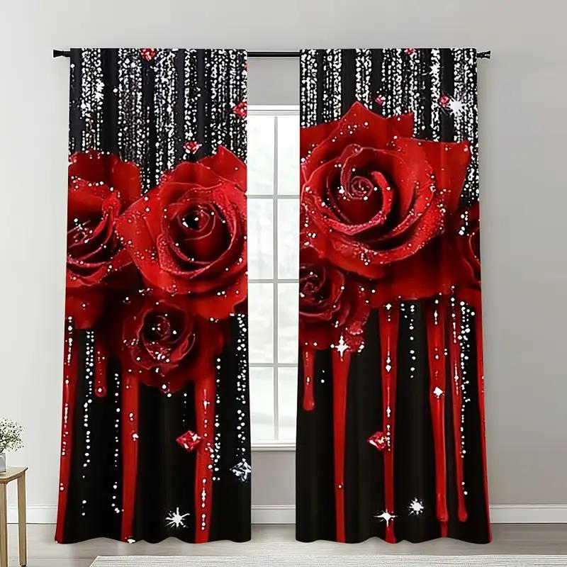 Black curtains with vibrant red roses and shiny star prints, bedroom and living room, home decoration, room decoration