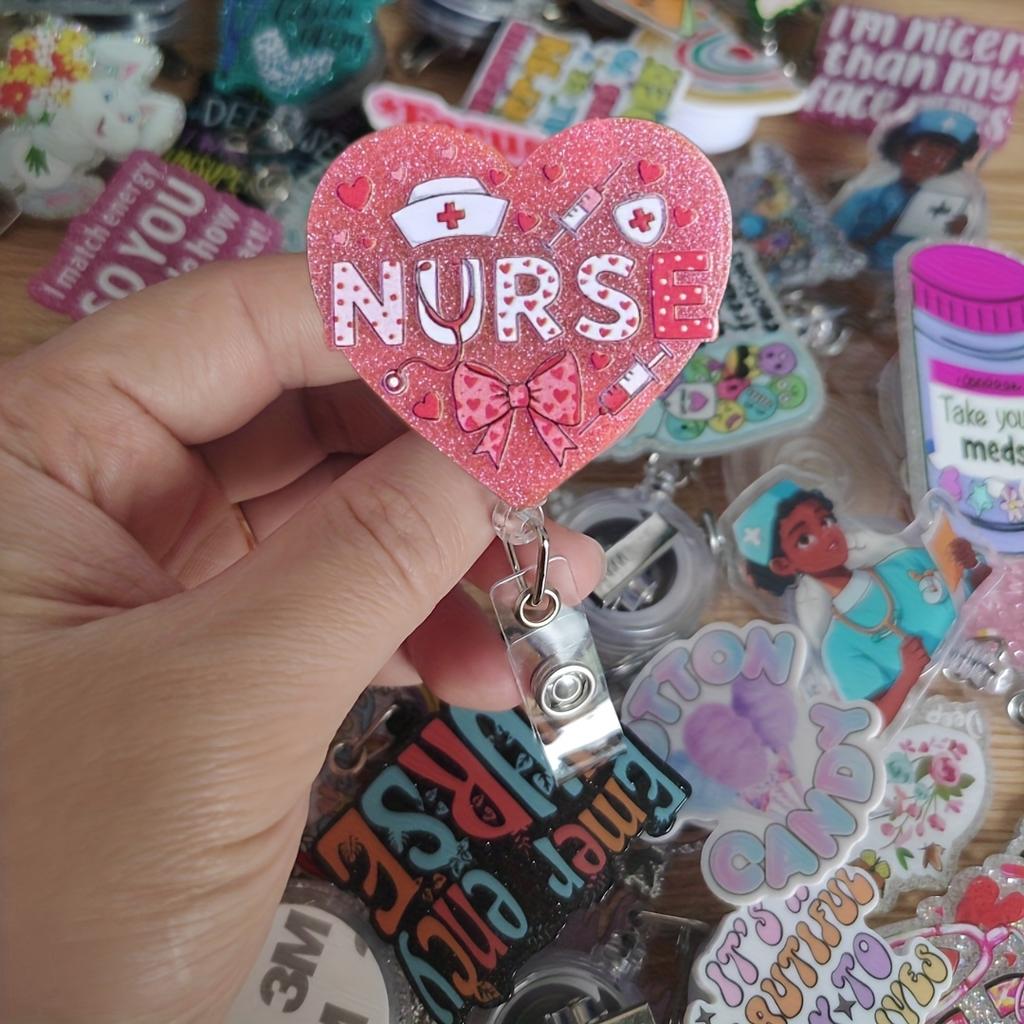 Adorable Style NURSE Pattern Retractable Badge Reel with Pink Medical Emblem, ID Card Holder