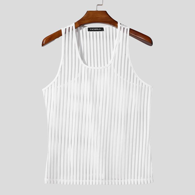 

INCERUN Men Sleeveless See Through Striped Mesh Sheer Tank Tops 4XL білий