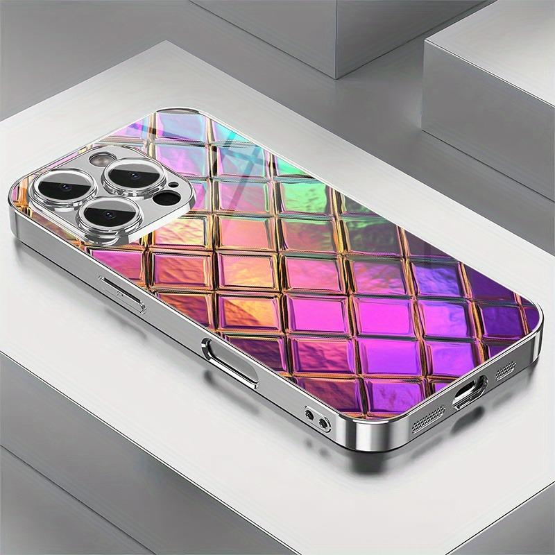 

Neon Color Grid Rhombus Pattern Glass Electroplated Phone Case For iPhone 17 Pro Max 16 15 14 13 12 11 Plus 16E 17 Air Cover iPhone 14 Plus