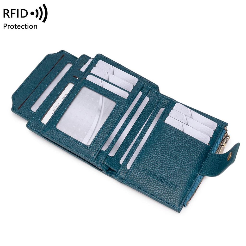 Women's RFID Soft Leather Short Wallet - Lychee Pattern, Zipper Closure, Card Holder, Fashionable Design