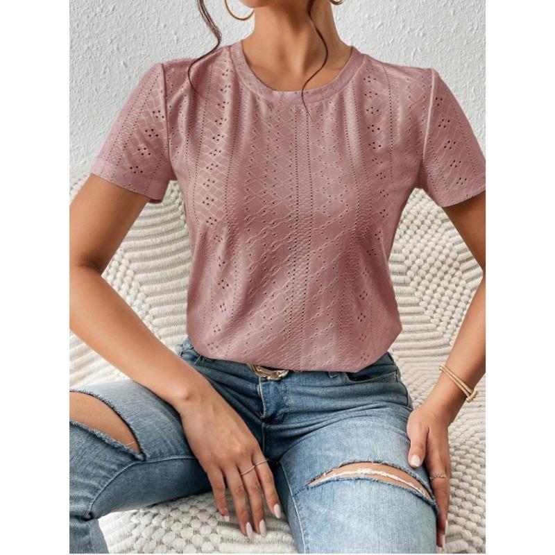 A New Summer Solid-color Short-sleeved Hollowed-out Casual T-shirt