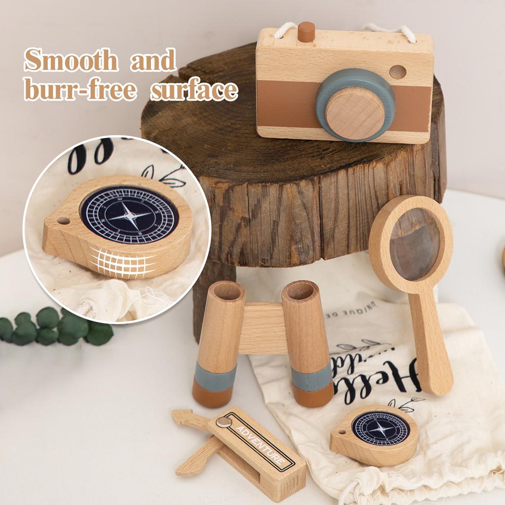 Montessori Wooden Toys Baby Outdoor Adventure Camera Magnifier Compass Telescope Wooden Knife Set Adventurer Role Playing Gift