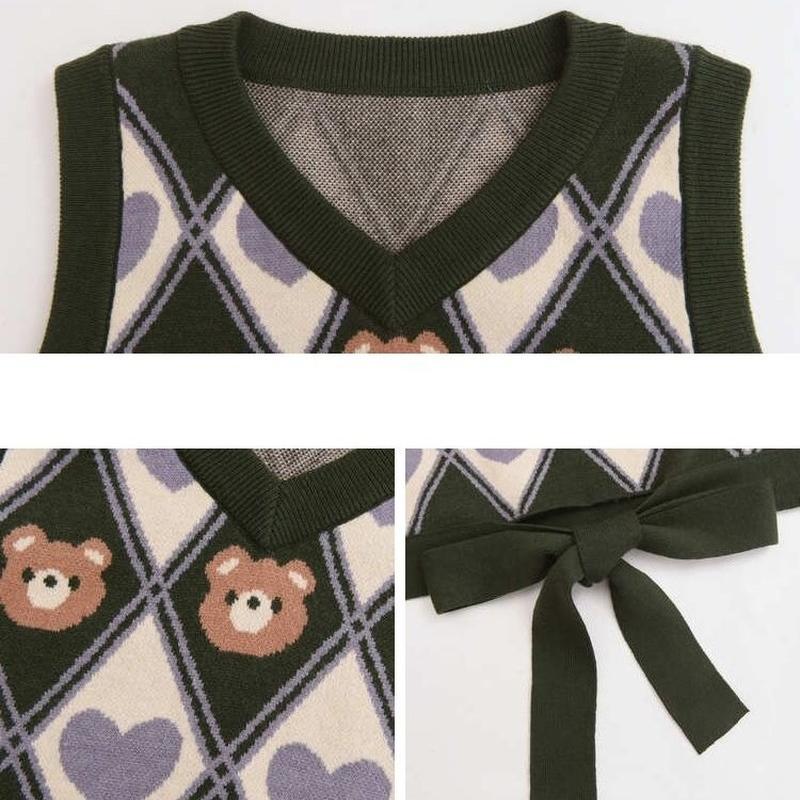 Vintage różnokolorowy wzór w robieniu na drutach sweter kamizelki Preppy Y2k krótki podkoszulek Kawaii nadruk z misiem sweter bez rękawów dzianina z kokardką śliczne