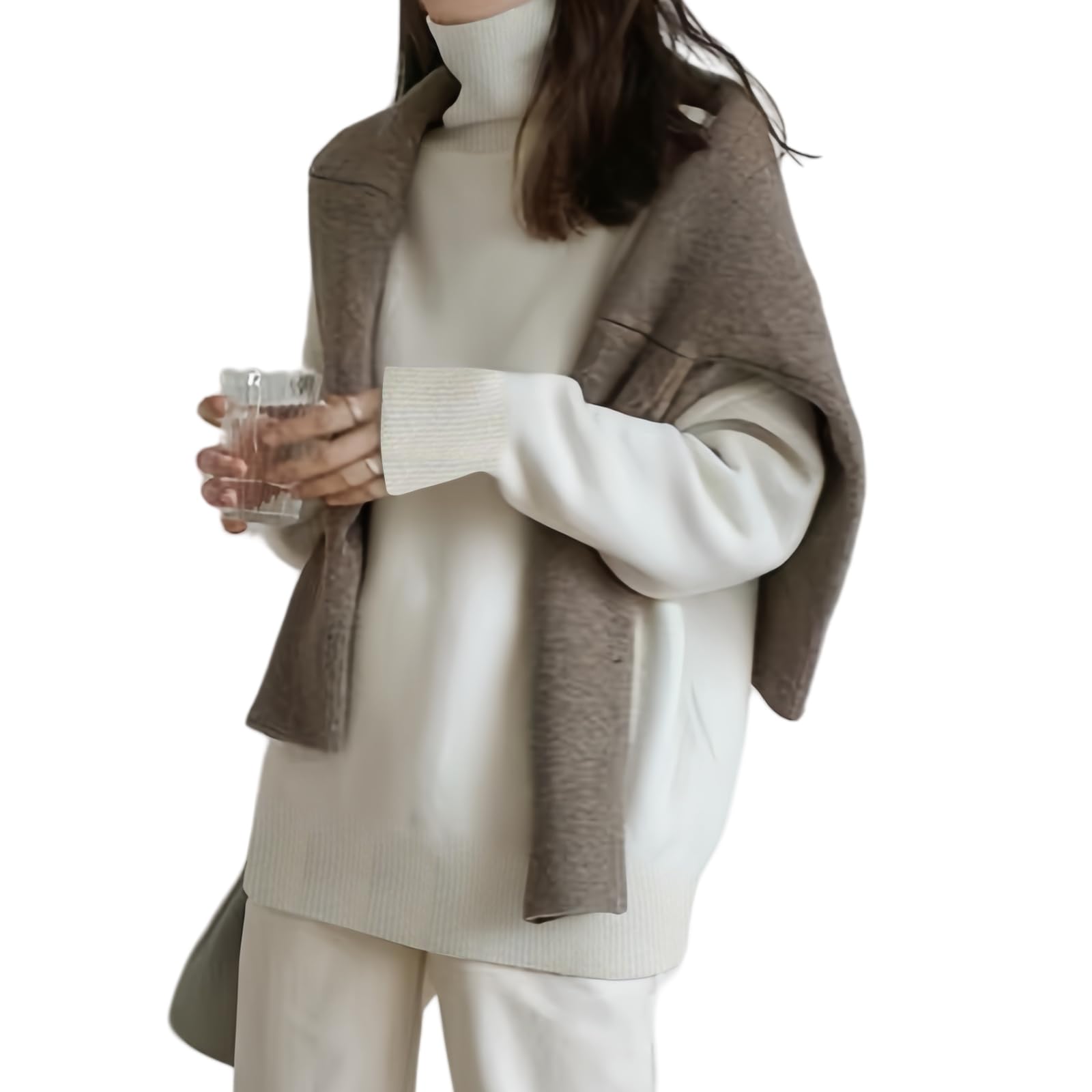 

Tamglean Quion Водолазка с высоким воротником Вязаный длинный пуловер Свободный Большие размеры Повседневный В рубчик Женский свитер, Топ, Рукава, Толстый, Весна, Осень, Зима, бежевый