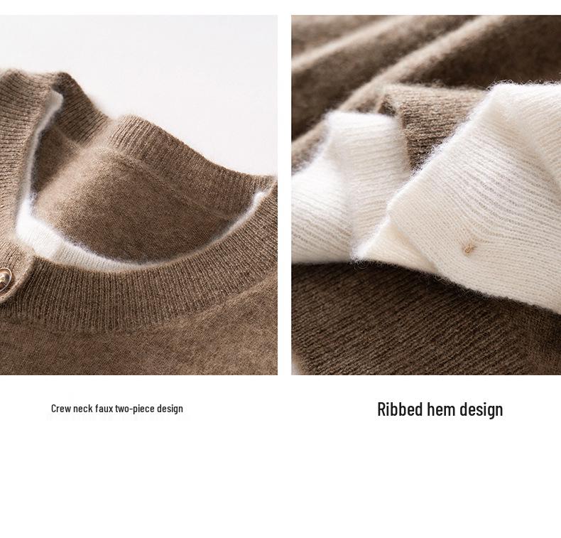 Autumn/Winter Women's Round Neck Color Block Cashmere Knit Cardigan - Single-Breasted Loose Fit Sweater
