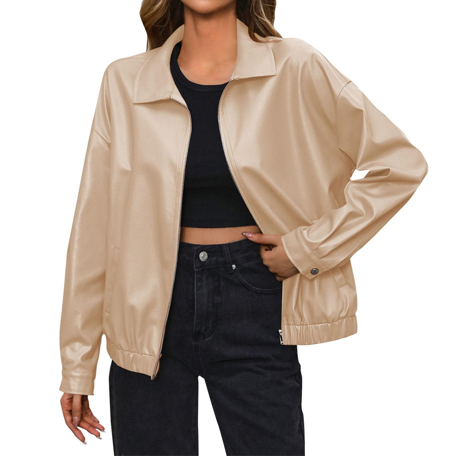 

Женская модная повседневная однотонная кожаная куртка для улицы, короткое пальто XL хаки