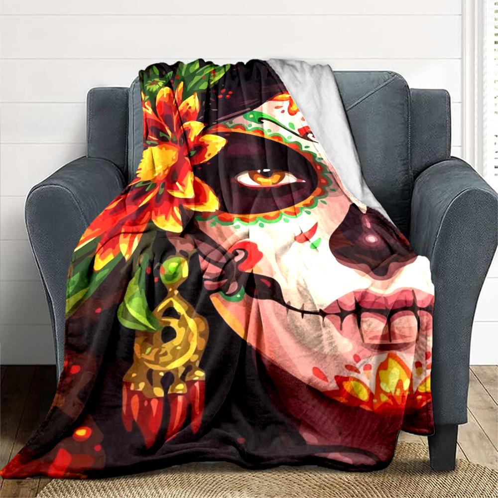 1pc Day of the Dead Mask Blanket Lightweight Flannel Blanket Throw Blanket For Sofa, Bed, Travel, Camping, Livingroom, Couch, Chair, And Bed yy2509026