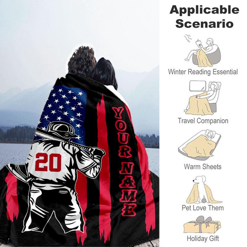 1PC Custom Name Baseball Spirit: USA Pride flannel blanket versatile, all-season throw suitable for the living room, bedroom, camping, travel, and gif