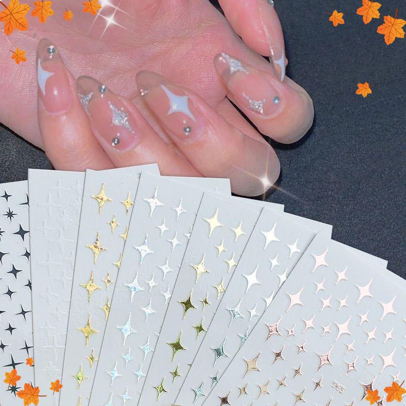 Starry Glitter Nail Stickers: Four-Pointed Star, Laser Gold, Silver, Black & White Adhesive Manicure Stickers