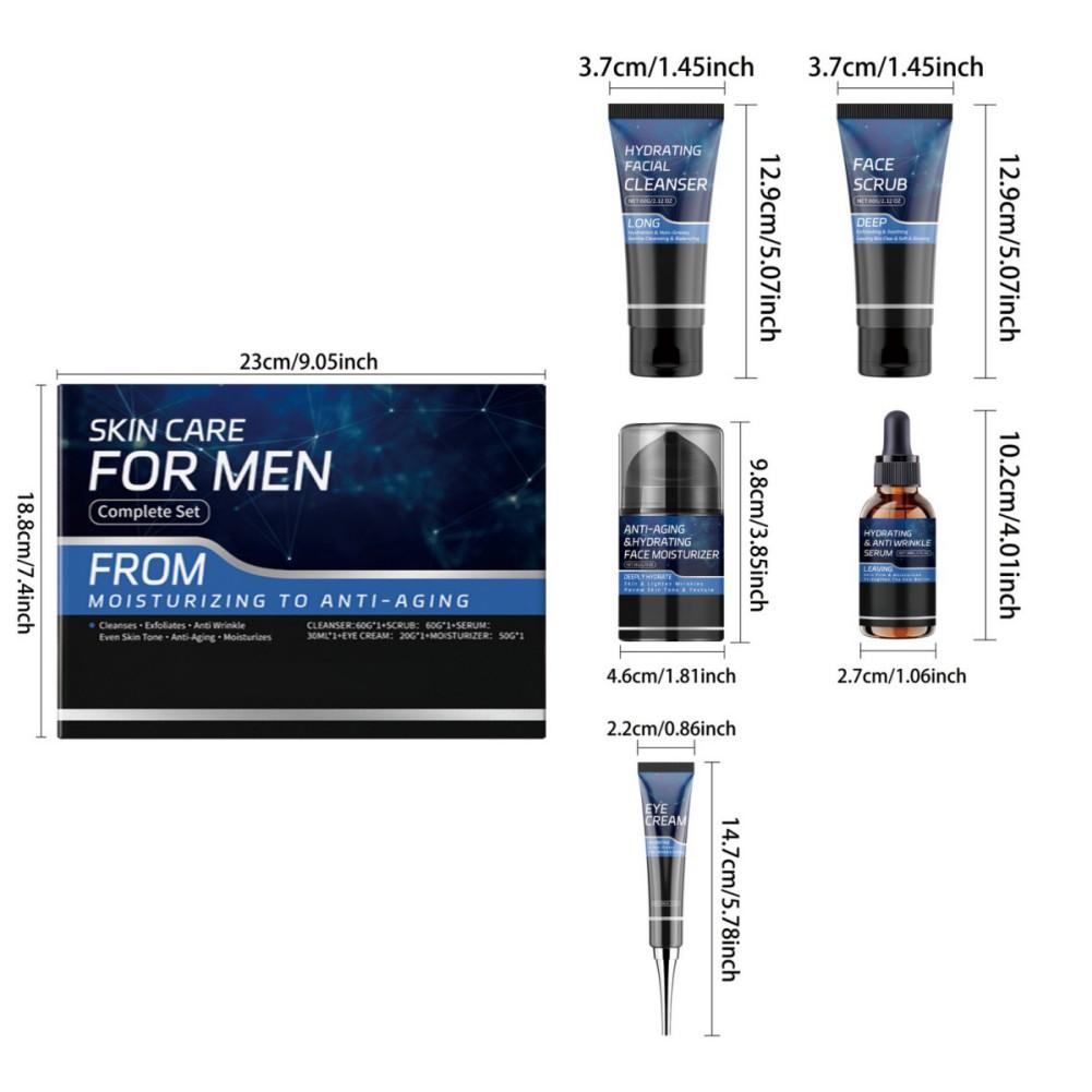 Herren Hautpflege Set Feuchtigkeitsspendender Gesichtsreiniger/Gesichtspeeling/Anti-Aging Gesichtsfeuchtigkeitspflege/Anti-Falten Serum/Augencreme 5 Stück