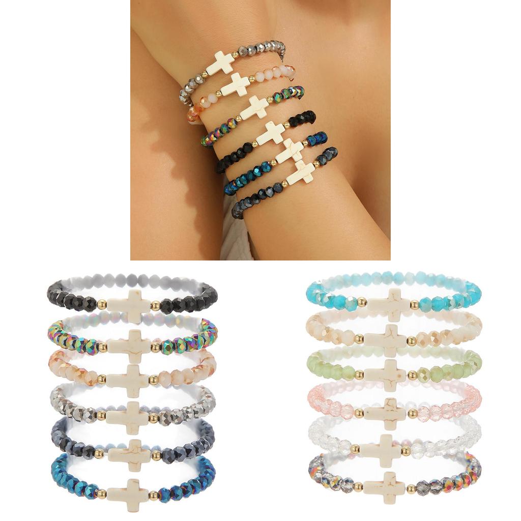 Bohemian Lady Stacking Bracelet With Turquoise Cross And Colorful Crystals For Travel Gift