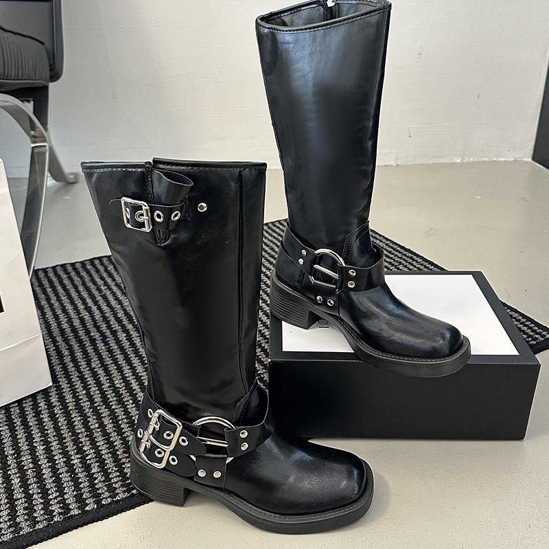 

Fashion New Style Woman Western Cowgirl Boot Fashion Back Zippers Long Booties Autumn Winter Suqare Low Heel Girl Shoes Zapatos Mujer 35 чёрный