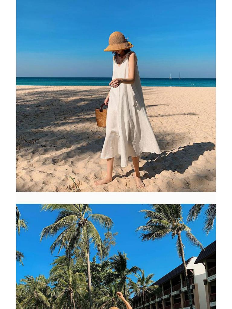 Women's 2026 Summer White Spaghetti Strap Beach Dress - Loose Fit, Slimming, Seaside Vacation Style Long Dress