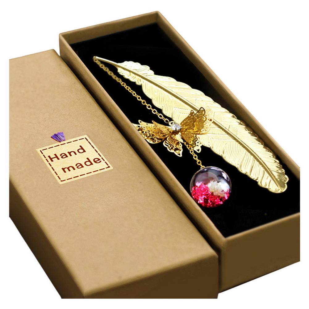 Bookmark Metal Feather Bookmark 3D Butterfly Pendant Dried Flower Book Lovers Teachers Gift Book Accessories With Gift Box