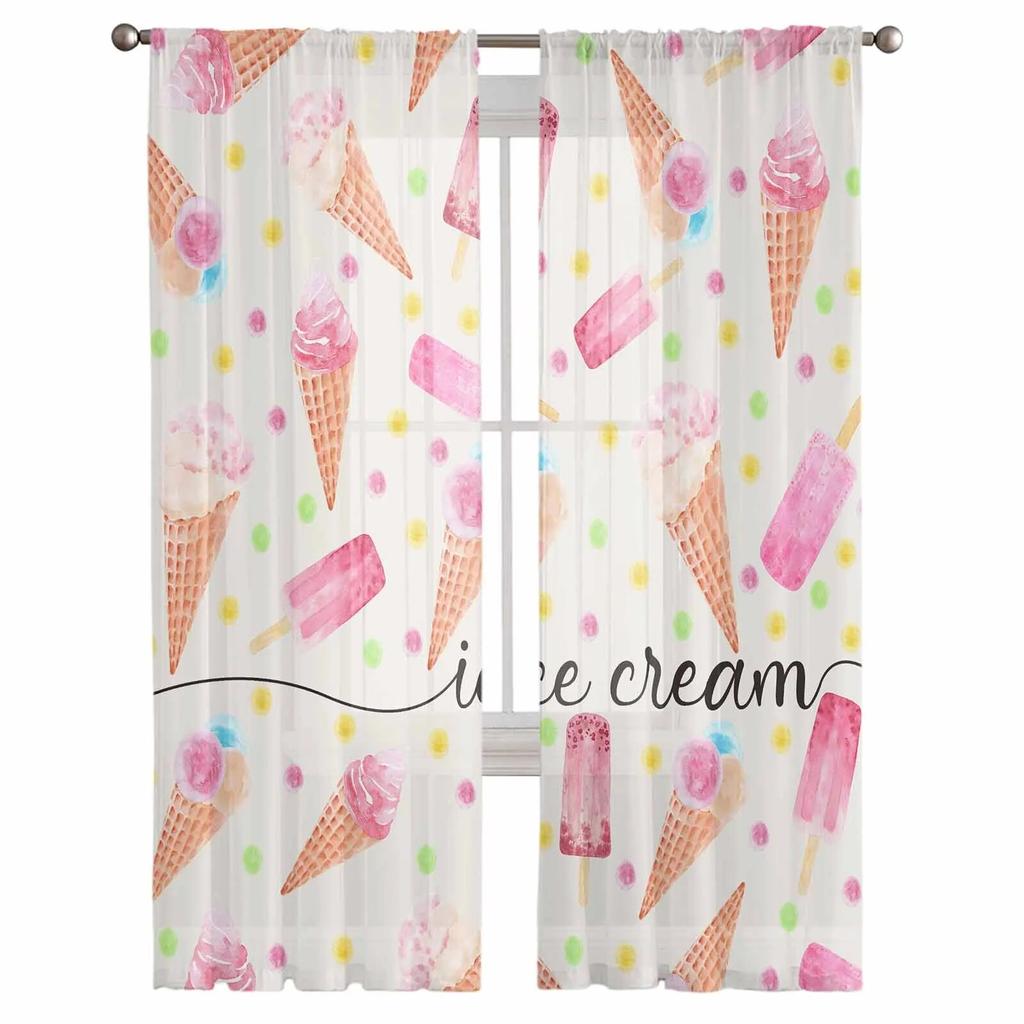 Summer Ice Cream Watercolor Texture Sheer Curtains For Living Room Kitchen Window Curtains Bedroom Tulle Voile Curtains