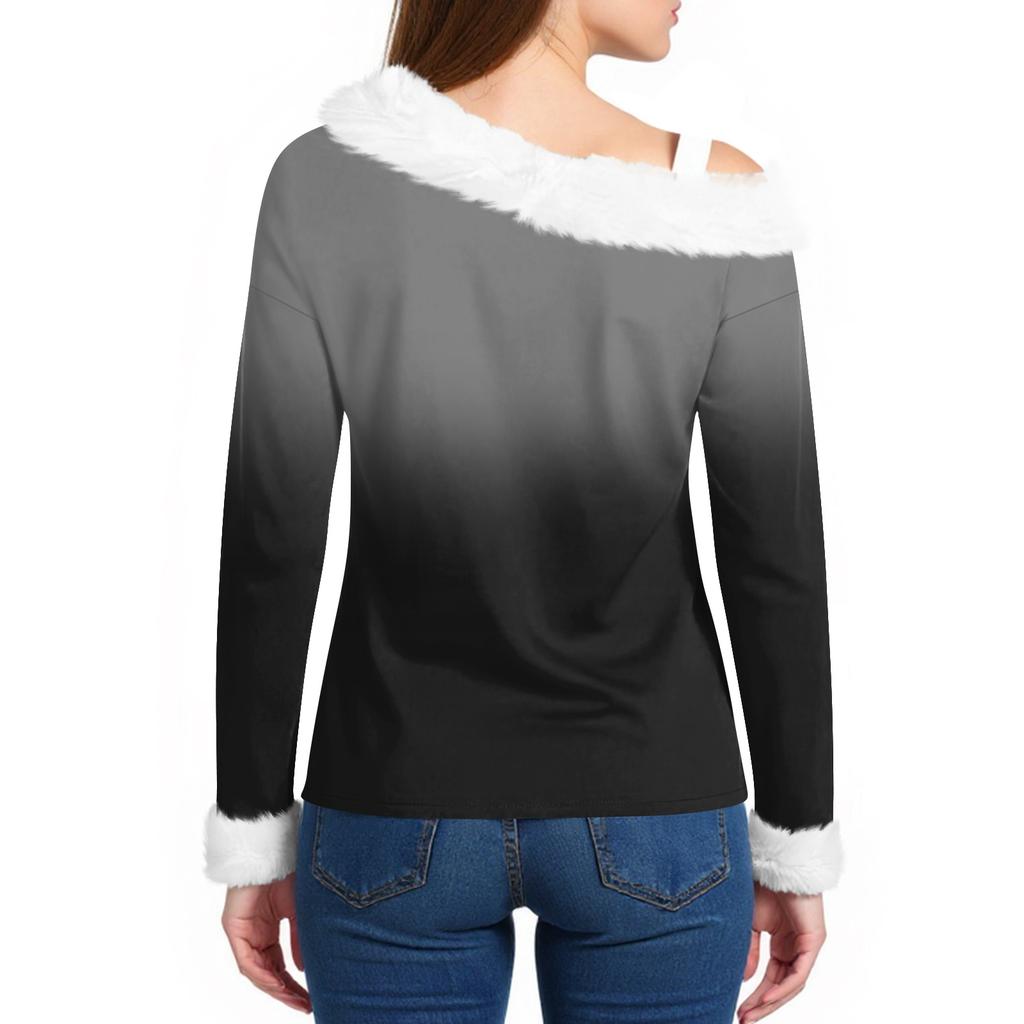 Women's Off-the-shoulder Plush Neck Printed Long-sleeved Pullover T-shirt Top