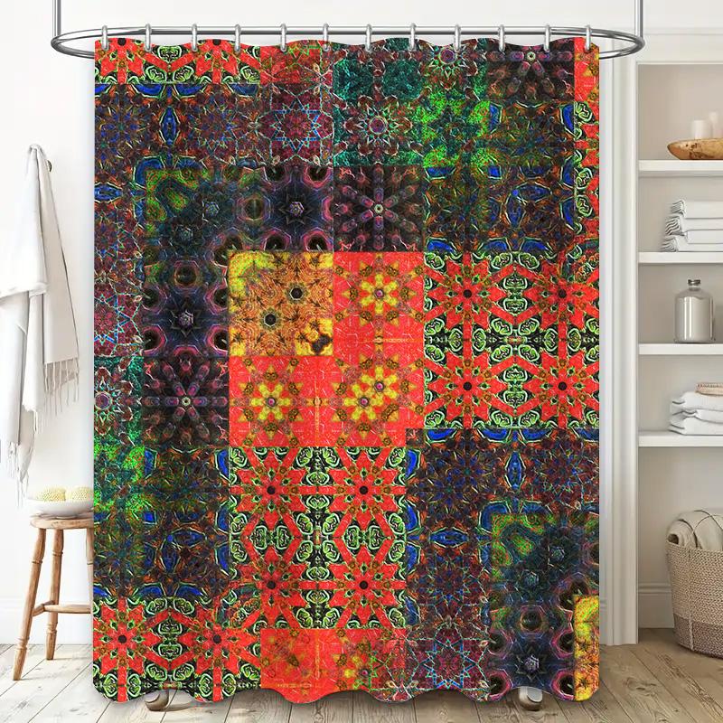 Bathroom Decor Shower Curtain Flowers Print Waterproof Fabric Decoration Home Hanging Bath Mat Yellow Orange Red Green