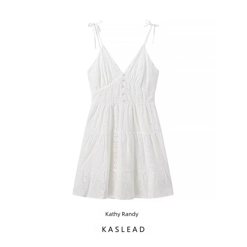 Kaslead New Arrival Women's Clothing Fashion Style Fashion Casual Minimalist Cotton Cloth Embroider V-neck Strap Dress
