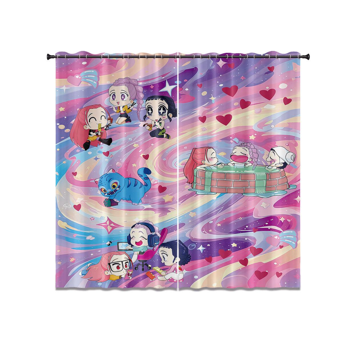 

2Pcs Kpop Cartoon Girl Print Blackout Curtains Insulation Multiple Sizes Living Room And Bedroom Decoration, Machine Washable 140x160&Grommet Top