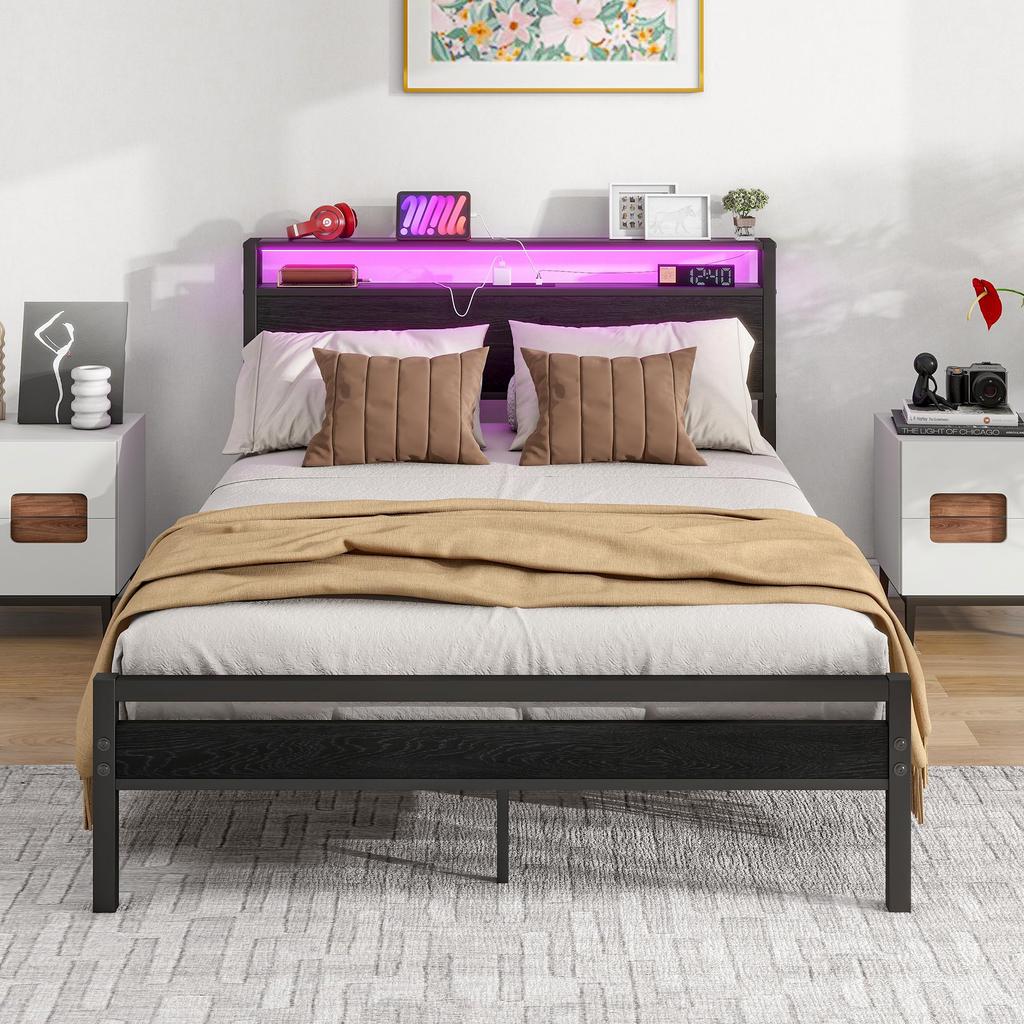 Bed 120x200 with Storage, Metal Bed Frame with USB Charging Function & LED Lighting, Modern Storage Bed with Headboard Shelf, Youth Bed/Guest Bed