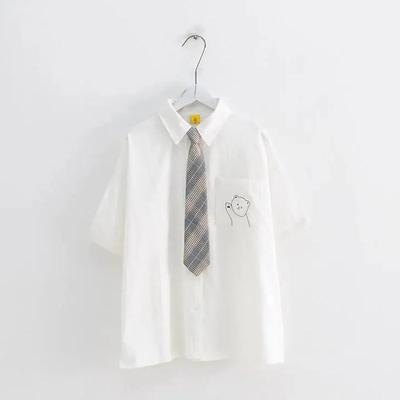 Girl's White Shirt with Tie Japanese Summer Short Sleeve Female Bear Printing Tops Lapel Preppy Style JK Uniform Blouses