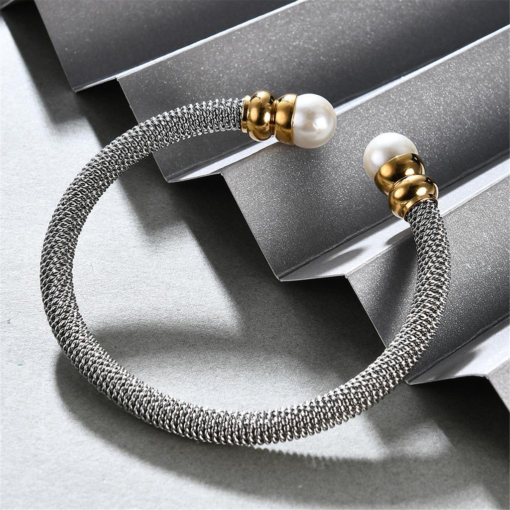 Personality Cable Pearls Titaniums Steel Bracelet Adjustable Open Bangle Two Color Electroplated Wristband for Women