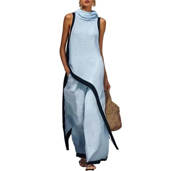 

Women Color Block Cotton Linen Two-Piece Outfit Asymmetrical Hem Mock Neck Sleeveless Top Wide-Leg Pants Vacation Lounge Sets S светло-синий