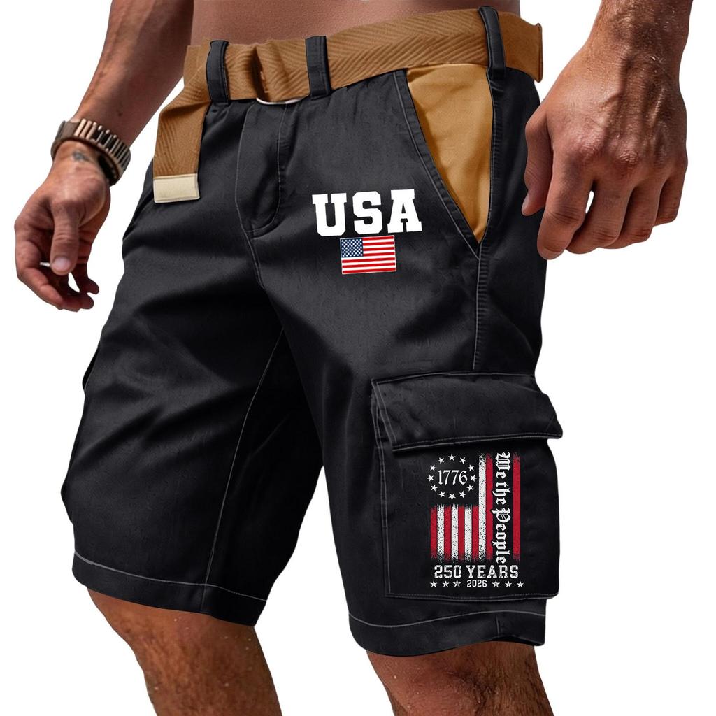Men's Casual Multi Pocket Cargo Shorts with Flag and Lettering Print Adjustable Waistband Outdoor Workwear Shorts
