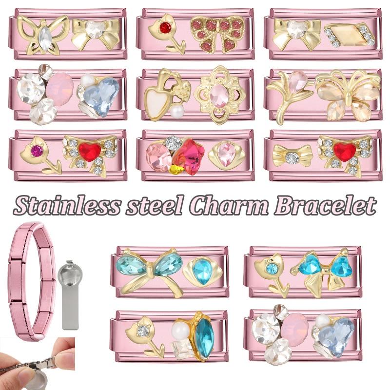Romantic Pink Love Rose Butterfly Star Shell Zircon Long Italian Charm Links Fit 9mm Stainless Steel Bracelet DIY Making Jewelry