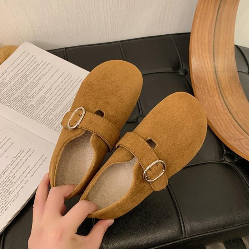 Retro suede single shoes women's winter new soft-soled flat bottom with skirt Doudou shoes Mary Jane