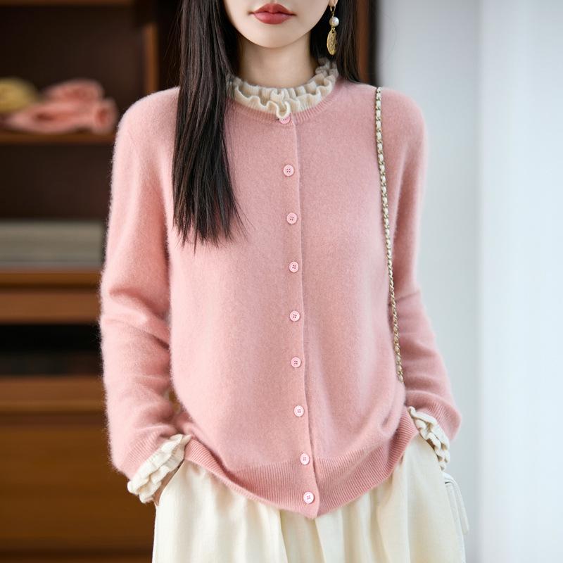Women's 100% Pure Wool Ruffle Edge Cardigan - Autumn Loose Knit Cashmere Sweater