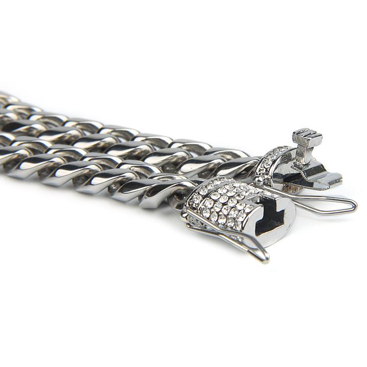 Luxury Heavy Cuban Link Chain Iced Out Rhinestones Triple Lock Stainless Steel Long Necklace Men Hiphop Rapper Jewelry